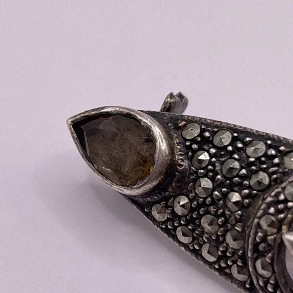 925 Sterling Silver Vintage Blue Topaz‎ Amethyst Citrine & Marcasite Brooch Pin